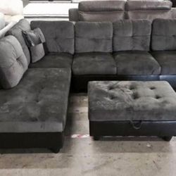 Gray Microfiber Sectional Couch and Ottoman