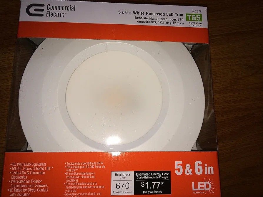 Brand: Commercial Electric
4.0
4.0 out of 5 stars
(11)
New Commercial Electric T65 (Model # CER6730AWH27) 5 in. and 6 in. White Recessed LED Trim, 90