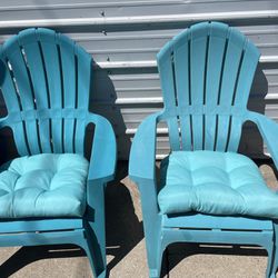 2 Teal Color Contour Adirondack Patio Deck Chairs & Thick Reversible Outdoor Cushions