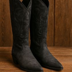 Black Genuine Leather Western Boots – Size 38 