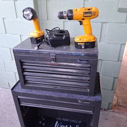 Tool Box with some Tools and Dewalt Drill