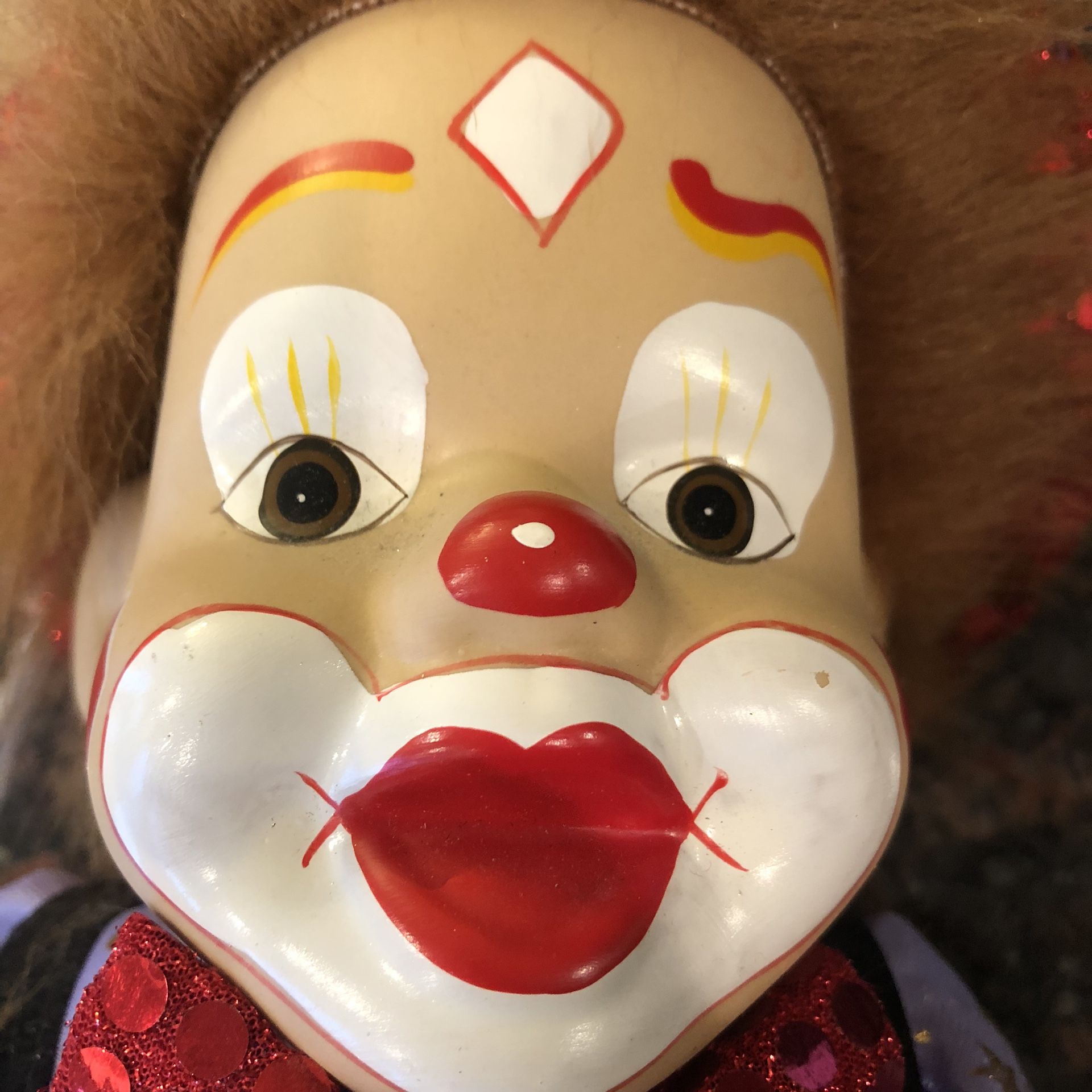 VINTAGE CLOWN SITTING ON SWING DOLL 23" Ceramic Head Plush Body - (L1723A)