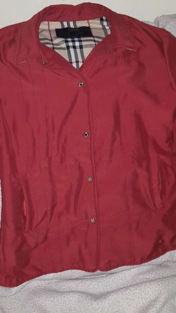 Vintage Authentic Burberry Coat Jacket Stripe Monogram Design Button Up Collared Red