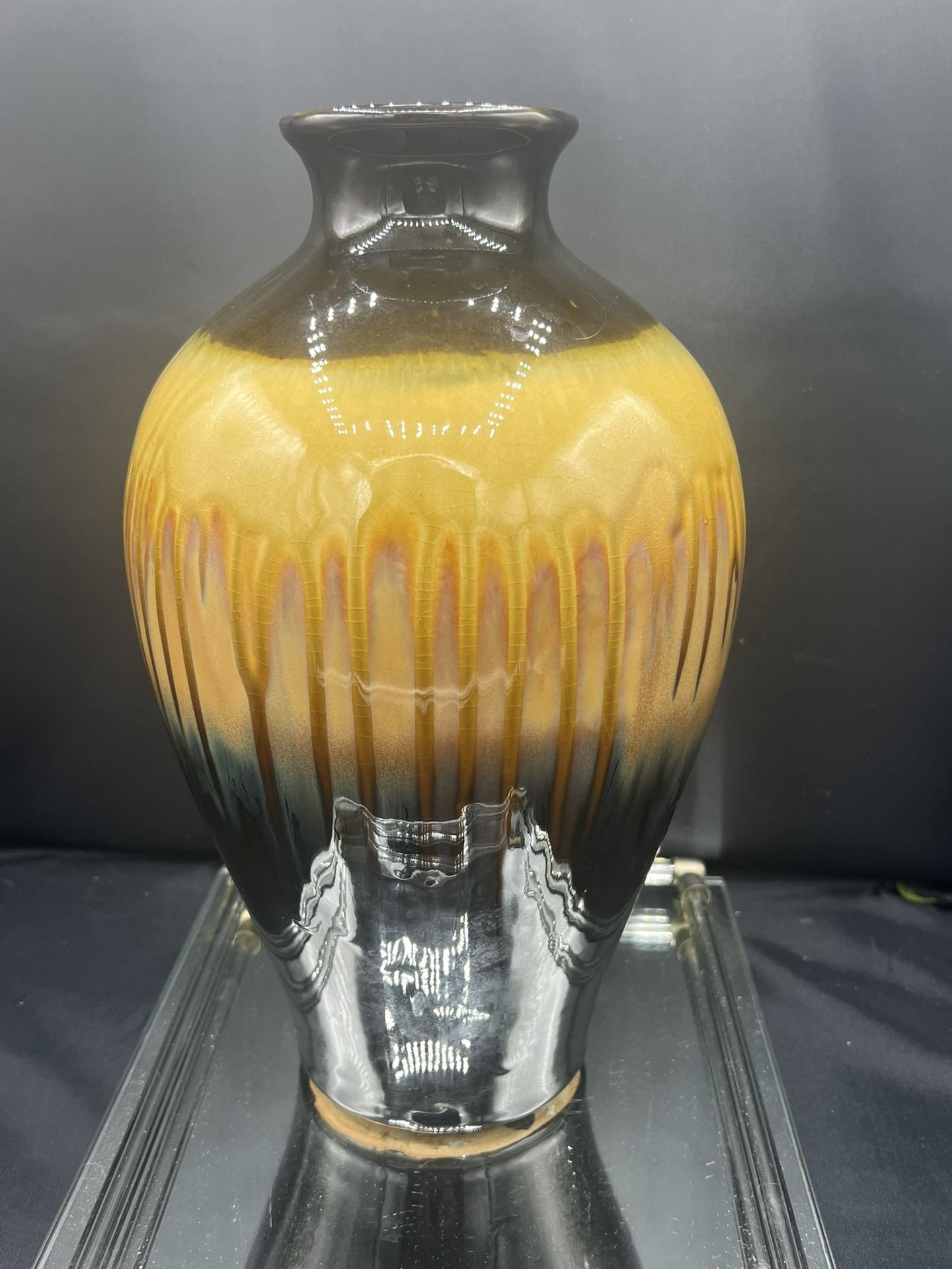 Vintage Ceramic 12” tall Earth Tone Dripped Glaze with earthtone colors