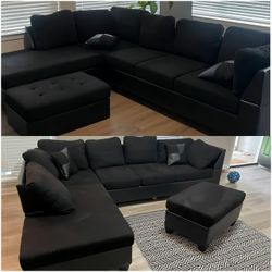 Brand New Black Fabric L Shape Sectional Sofa - Ottoman | Pay After Delivery 🚚