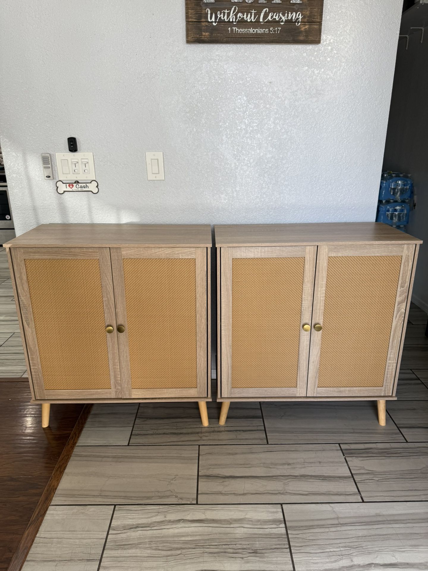 BRAND NEW!!! Beige and Rattan Accent Cabinets w/ Gold Knobs