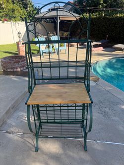 Green Wrought Iron Baker's Rack with Wood Shelf