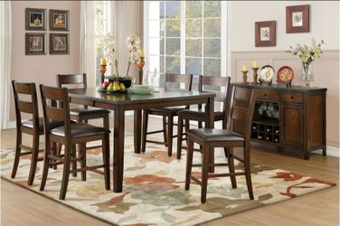 BRAND NEW BROWN COUNTER HIGH DINING TABLE  (54 x 36 - 54 x 36H)+ 6 CHAIRS