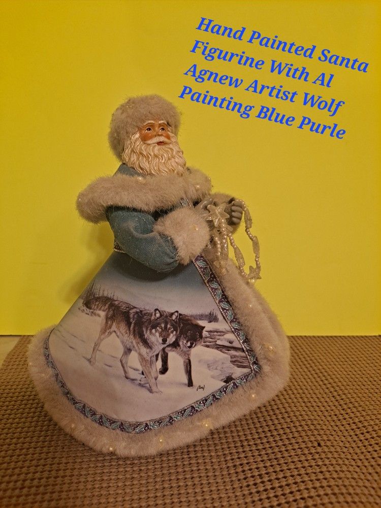 Hand Painted Santa Figurine With Al Agnew Artist Wolf Painting Blue Purple-$30.00