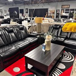 2PC Power recliner sofa and loveseat Black Leather with USB LED Wireless chargers