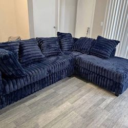 (NEW IN BOX)- Comfy Navy Cord Sectional With Pillows Finance Available $54 down pmt only
