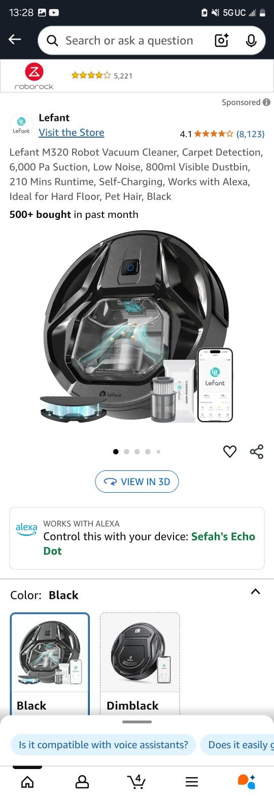 Lefant M320 Robot Vacuum Cleaner, Carpet Detection, 6,000 Pa Suction, Low Noise, 800ml Visible Dustbin, 210 Mins Runtime, Self-Charging, Works with Al