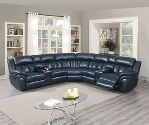 Brand New Blue Leather Reclining Sectional Sofa