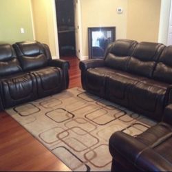 Brown Leather Fully Reclining Three Piece Couch Set