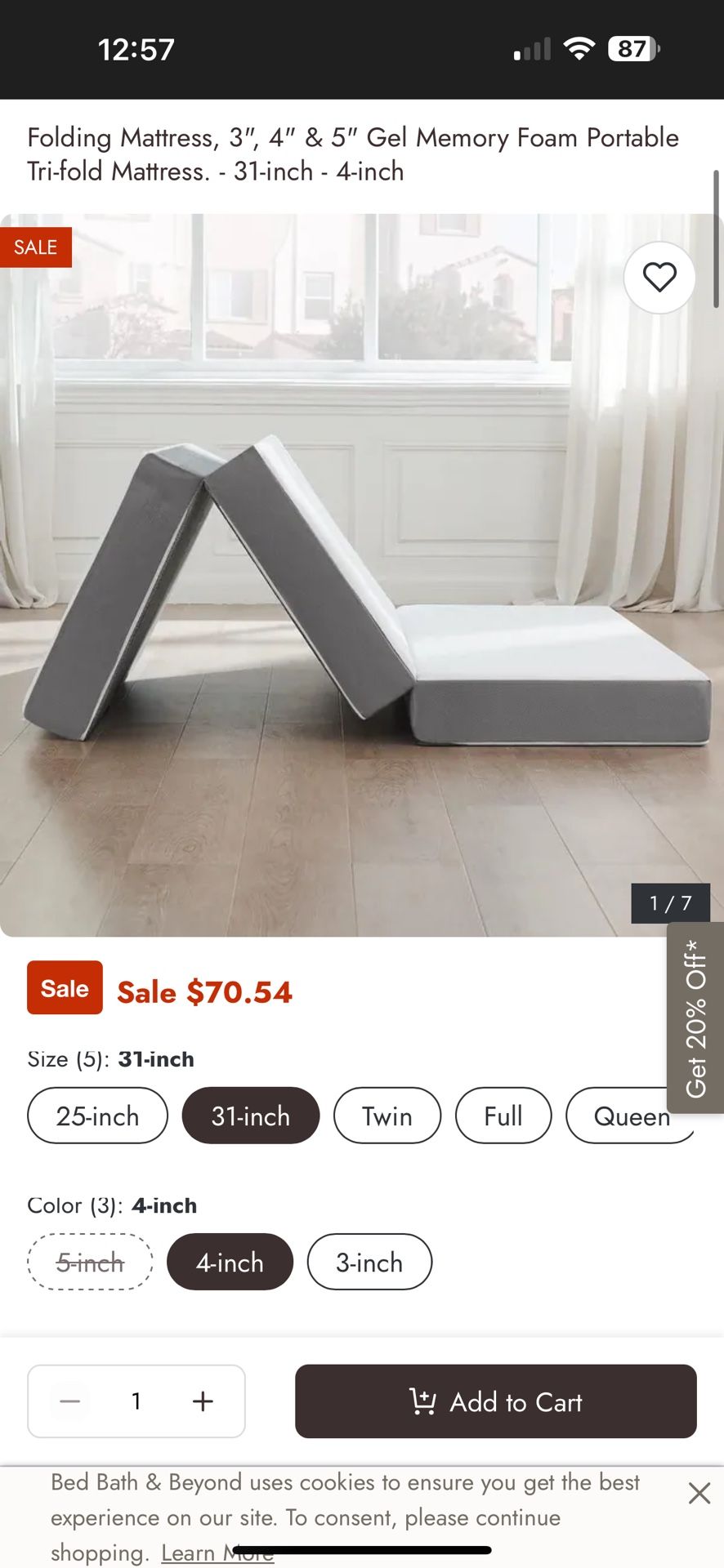 Tri-fold Gel Memory foam portable mattress 4” Thick