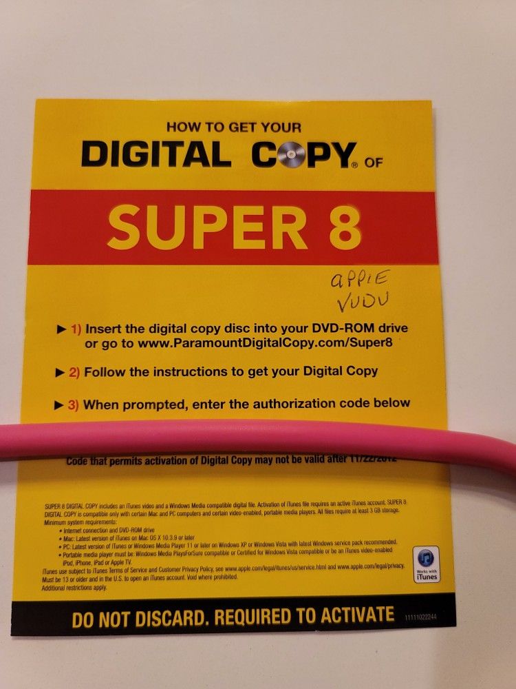 $4 HD DIGITAL MOVIE CODE. SUPER 8. $4 OR TRADE FOR A MOVIE TITLE I DO NOT ALREADY OWN.