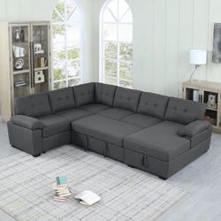 118" Wide Fabric Sectional Sleeper Sofa (Pull-Out Bed) With Storage Chaise