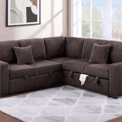 3-Piece Convertible Sectional
Reversible Storage Sofa + Reversible Sofa with Pull-Out Bed + USB Port

Color: Chocolate

