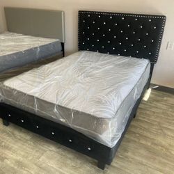 Diamond Tufted Black & Grey Queen And King Size Bed Frame, Mattress 