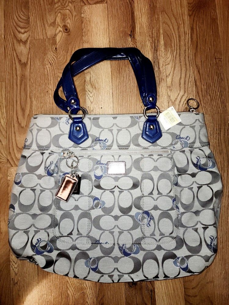 COACH Poppy Signature Hearts Glam Grey/ Blue Canvas Large Tote Bag # 18711M Y2K