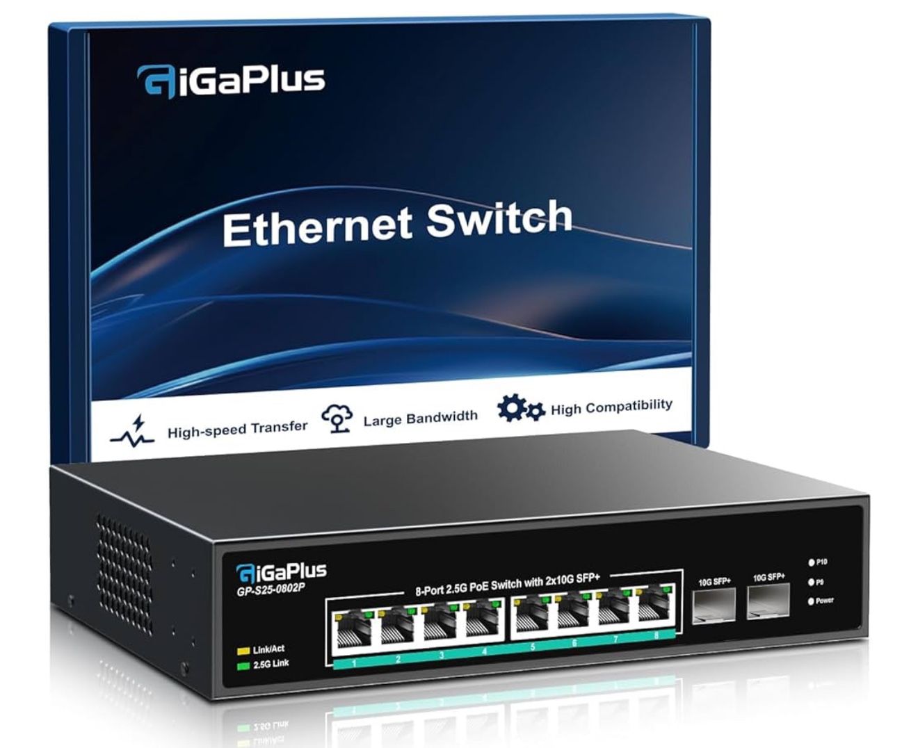 10 Port 2.5Gb Unmanaged PoE Switch with 8*2.5G Base-T PoE Ports, 2*10G SFP+ Uplink, 802.3af/at (PoE+), 80Gbps Switching Capacity, GigaPlus 2.5G PoE S