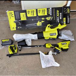 RYOBI 40V HP Brushless 17" Cordless Attachment Capable String Trimmer & 180 MPH 800 CFM Blower with 6.0 Ah Battery & Charger