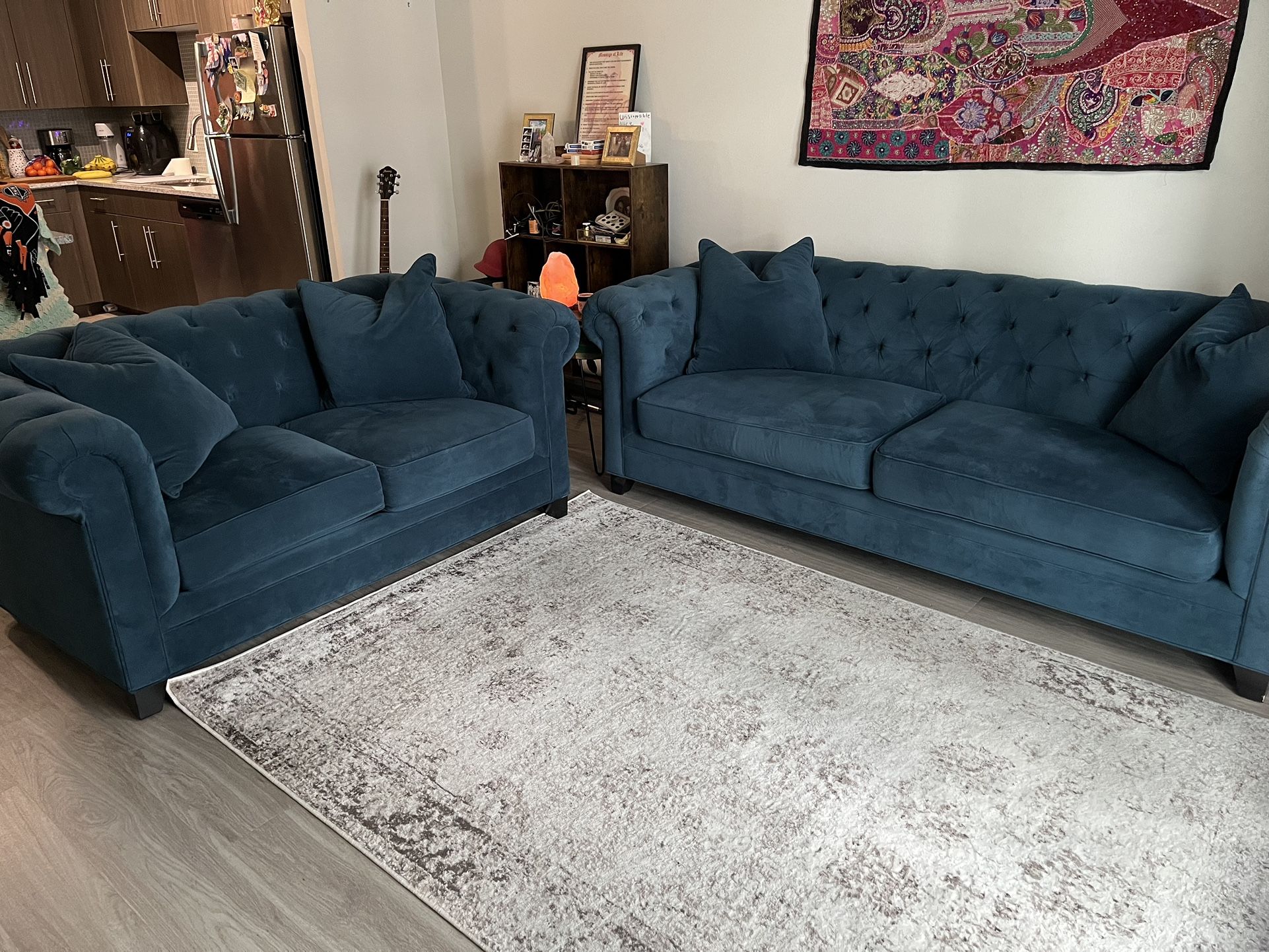 Tutted Blue Teal Martha Stewart Two Piece Couch