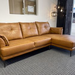 🏷WAREHOUSE SALE💥NEW Contemporary Sectional Sofa Chaise Genuine Leather, Whiskey