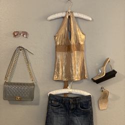 Mini Denim Skirt | Metallic Gold Halter Top