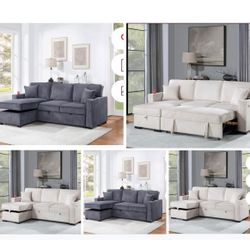 Sectional Sofa Pullout Bed W/Chaise Storage  Fabric Reversible  88”x57”X33”H