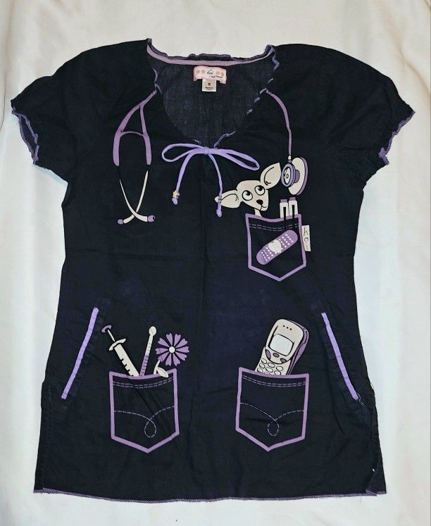 Koi Bridgette Scrub Top In Navy Blue With Lavender Trim Veterinary Size Small