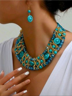 Luxury Boho Turquoise Crystal Braided Necklace Set Gold Tone Statement Jewelry Earrings 15"+2.4"
Bold boho statement necklace set featuring vibrant tu