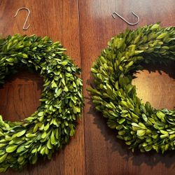 Set of 2 Boxwood Wreaths – Real Leaves, 12” Natural Green Decor, W/ Hooks