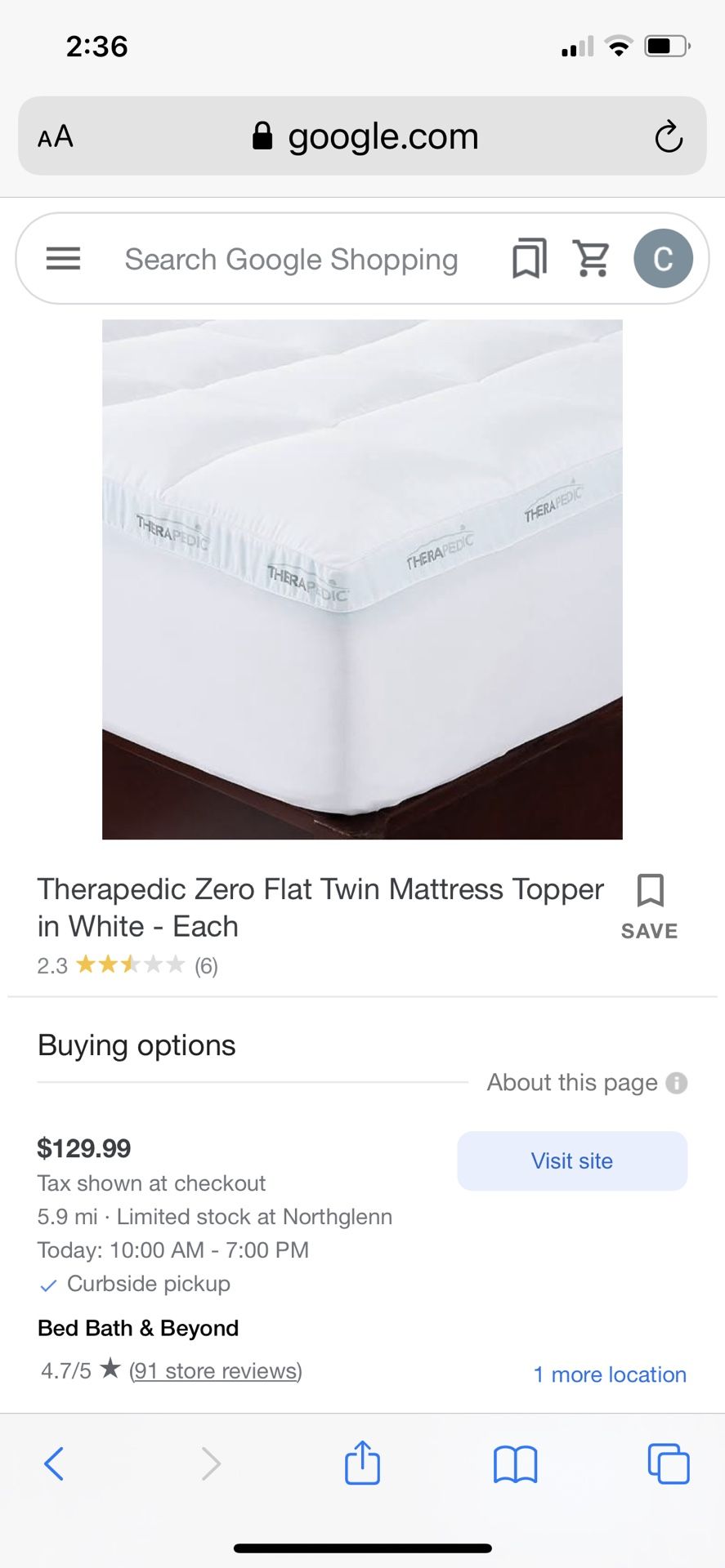 Therapedic 3” Mattress Topper Zero Flat Twin size college Dorm rooms Household