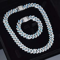 2-Pcs Iced Out 14K White Gold-Plated Light Blue & Silver Cubic Zirconia 20"/24" Cuban Chain Necklace & Bracelet Set