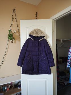 Purple Hooded Full Length Coat Size S. (fit in M)