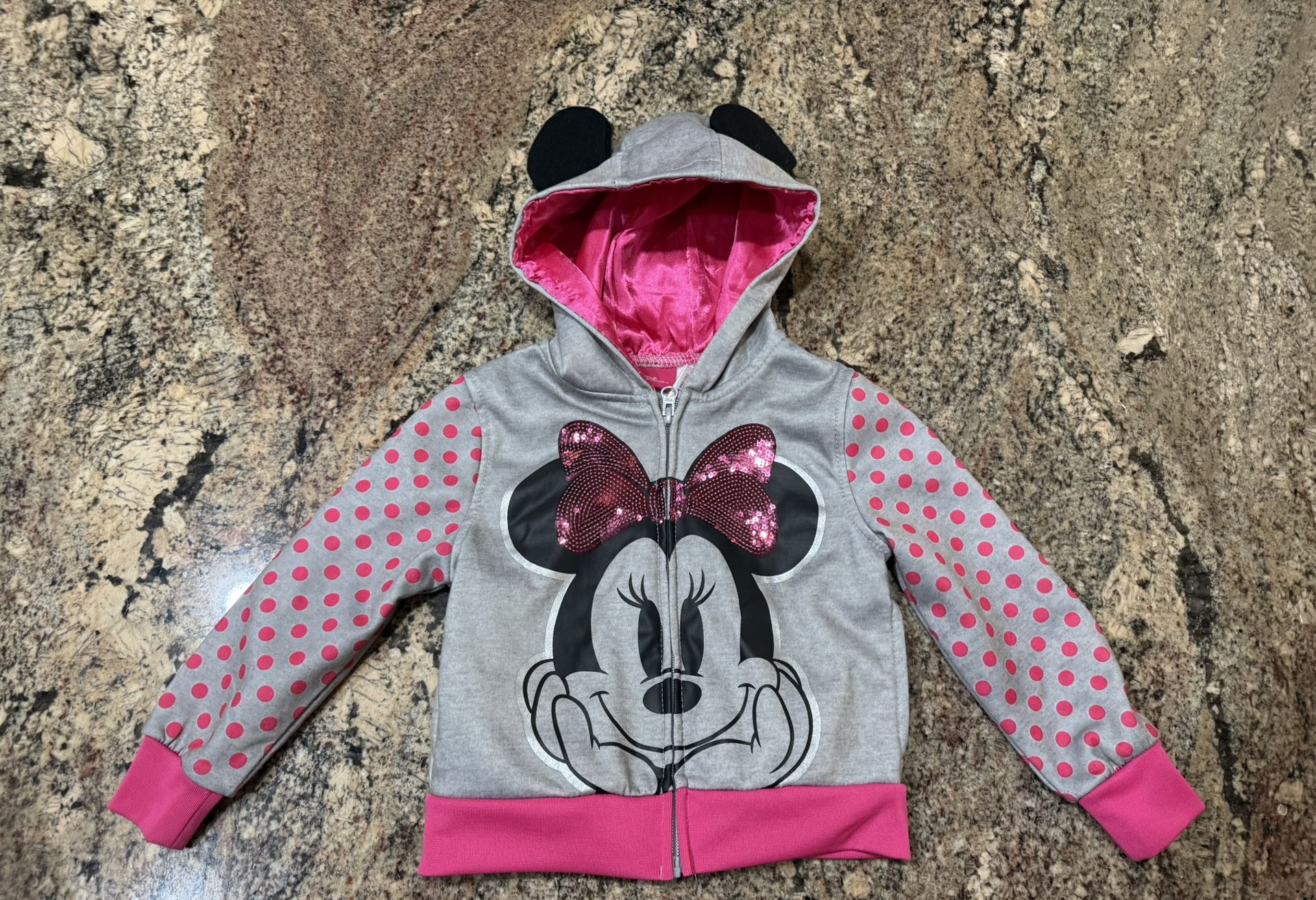 Oh So Cute Disney Hoodie Sweatshirt With Polkadots And Sequins! And Satin Hoodie Part Inside Kids Toddler Size 3T
