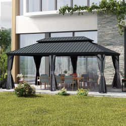 12' X 18' Hardtop Gazebo, Upgraded Metal Gazebo with Drainage System, Dual-Layer Galvanized Steel Roof, Curtain and Netting, Outdoor Shelter Canopy fo
