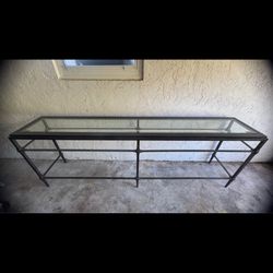 96” RESTORATION HARDWARE CONSOLE- THADDEUS COLLECTION- Iron, Wood And glass