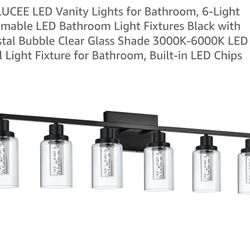 Vanity Lights for Bathroom, 6-Light Dimmable LED Bathroom Light Fixtures Black with Crystal Bubble Clear Glass Shade 3000K-6000K LED Wall Light Fixtur