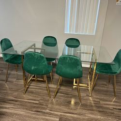 Emerald Green Velvet Gold Glass Dining Set 