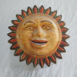 LARGE Old and Heavy Mexican Terra Cotta Hanging Smiling Sun