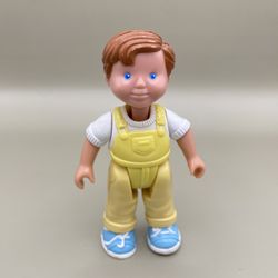 Vintage Fisher Price Loving Family Dream Dollhouse Brunette Boy Doll Figure in Yellow Overalls HTF  