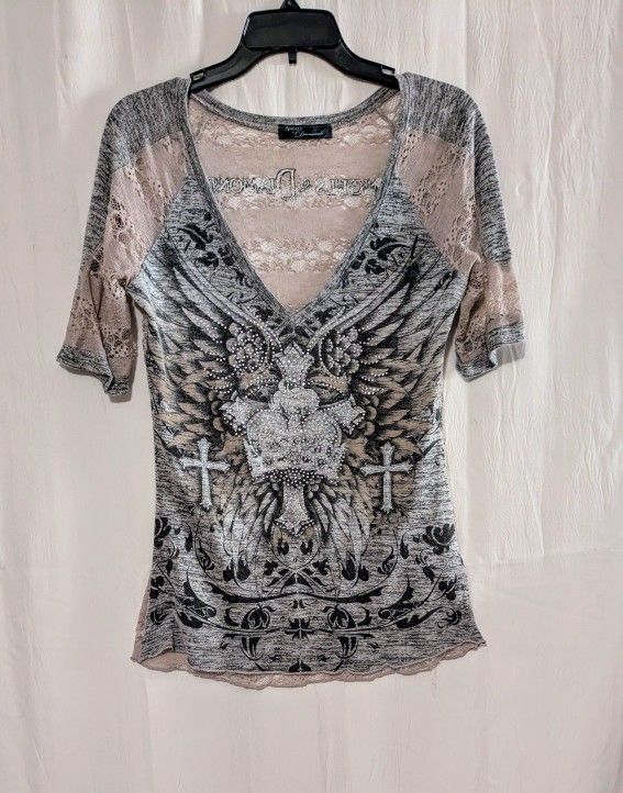 Top Angels & Diamonds Rhinestones Gray Beige Graphic Lace Top Size XL