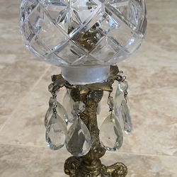 Vintage late 19th Century Hurricane Candle Holder brass, gilt bronze, with hanging crystals and Hand cut Crystal Shade