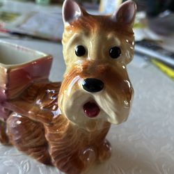 Vintage vase/planter. Adorable terrier with cart