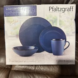 Pfaltzgraff Pierce Blue 16-Piece Dinnerware Set - Durable Stoneware Service - Includes Plates, Bowls, Mugs - Dishwasher Safe & Microwave Safe