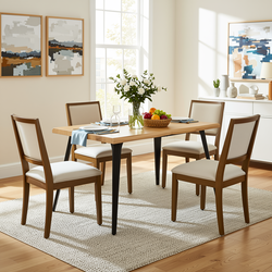 Homy Casa Lancelot 5PC Dining Set 63" Rectangular Table with 4 Siget Biscuit Upholstered Chairs in Beige and Haze Wood Finish