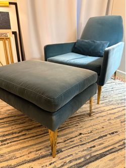 West Elm Velvet Lounge Chair + Ottoman Set – Brass Legs – Mid Century Modern