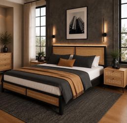 King Size Rattan Bed Frame with Headboard, Boho Metal Platform Bed.